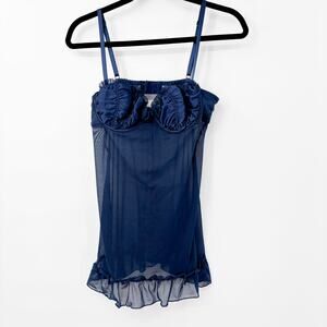 Flora Nikrooz Dark Blue Chemise, Sheer Luxury Ruffled‎ Top – Womens Size M